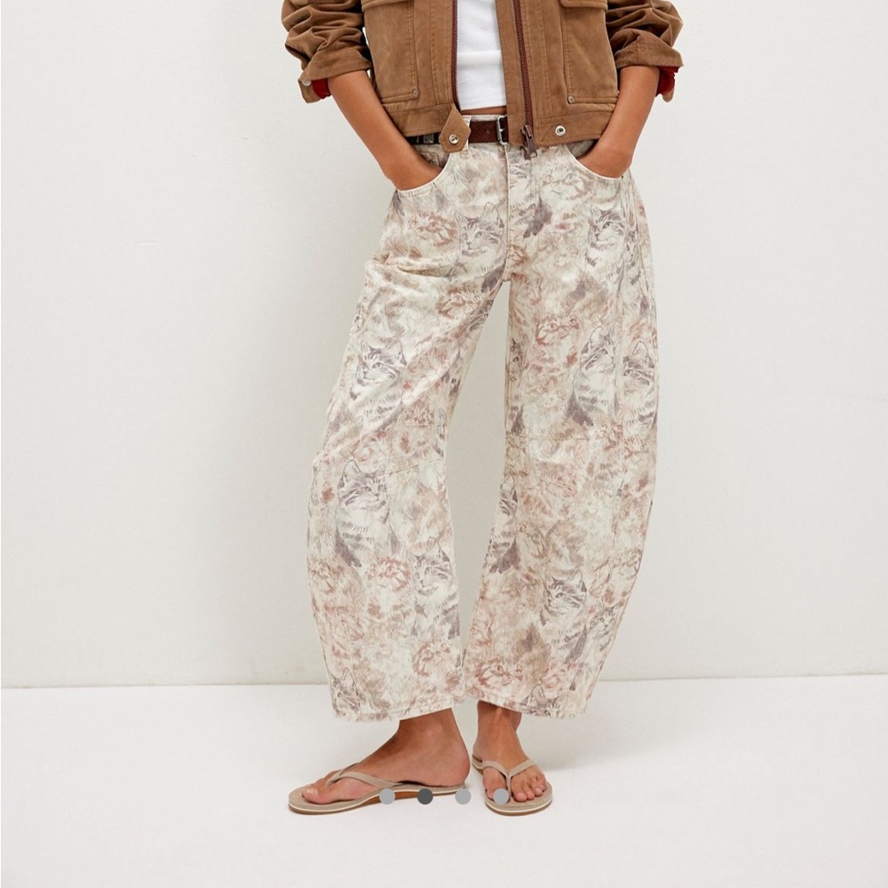 Free People Cat print barrel jeans